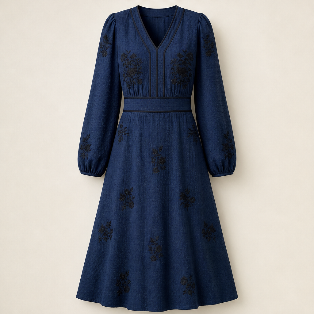 Velfiora – Abito Midi Ricamato a Maniche Lunghe Navy