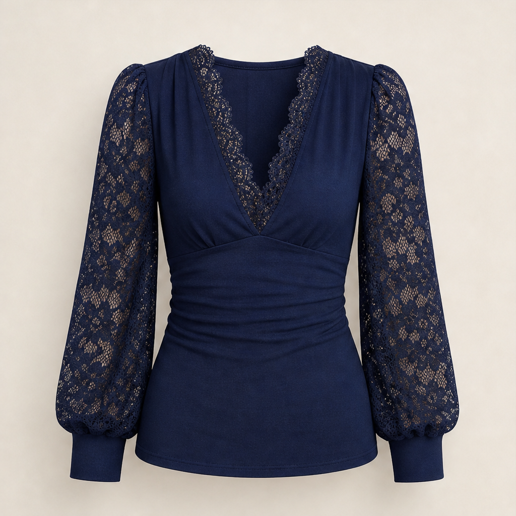 Velmora – Top in Pizzo con Scollo a V e Maniche a Palloncino Navy