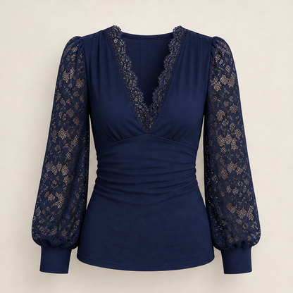 Velmora – Top in Pizzo con Scollo a V e Maniche a Palloncino Navy
