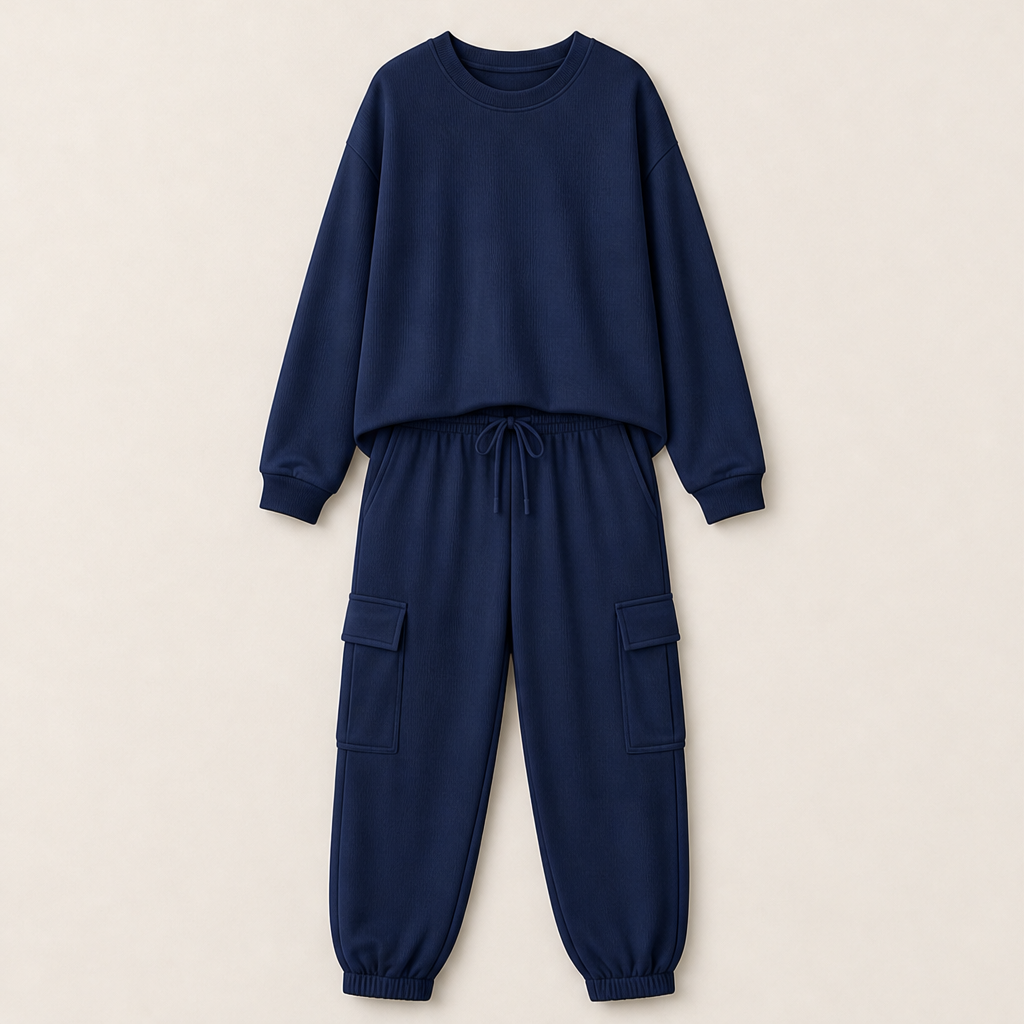 Norellia – Girocollo e Pantaloni Cargo, Completo Casual Navy