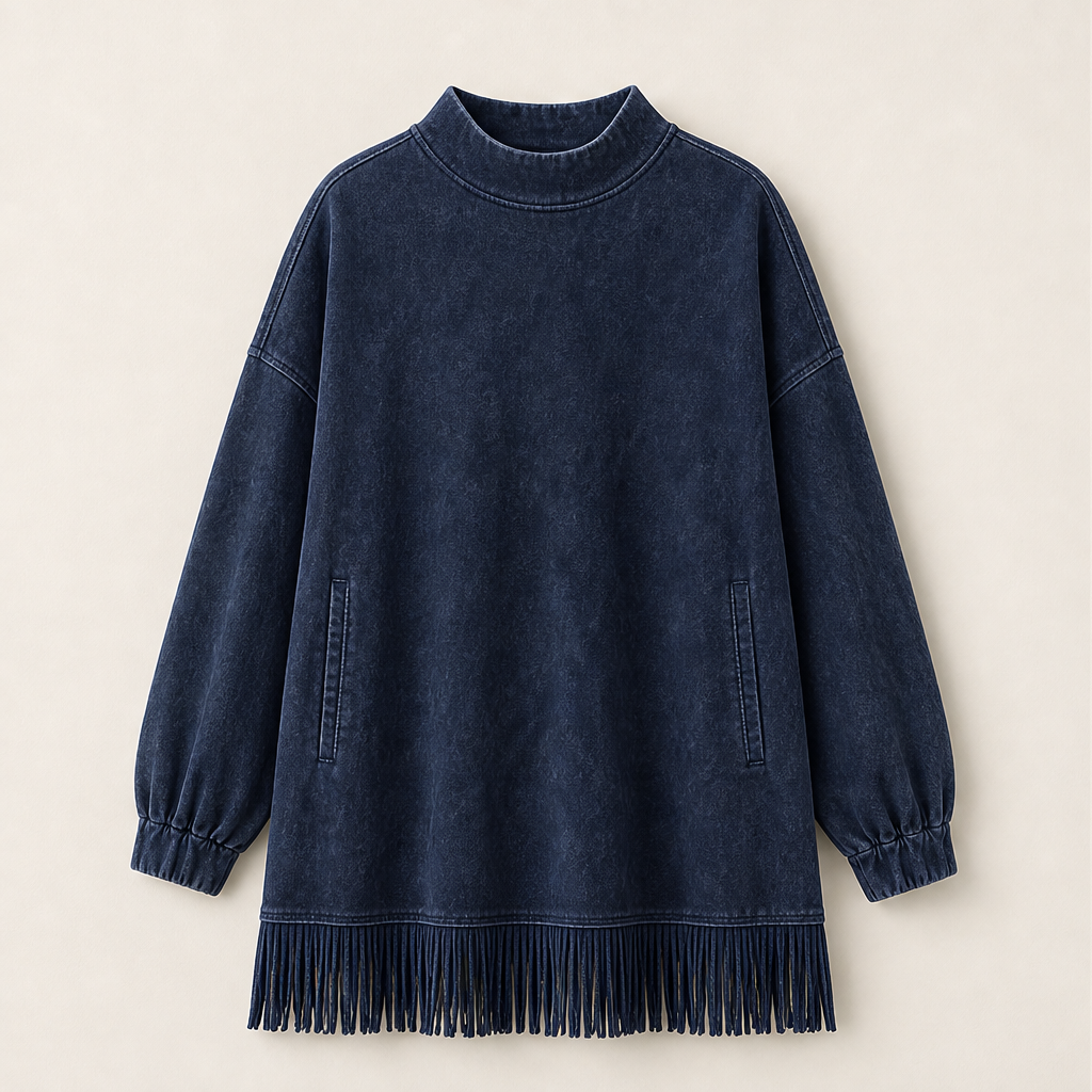 Varonne – Abito Dolcevita Effetto Denim con Frange Navy