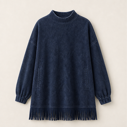 Varonne – Abito Dolcevita Effetto Denim con Frange Navy
