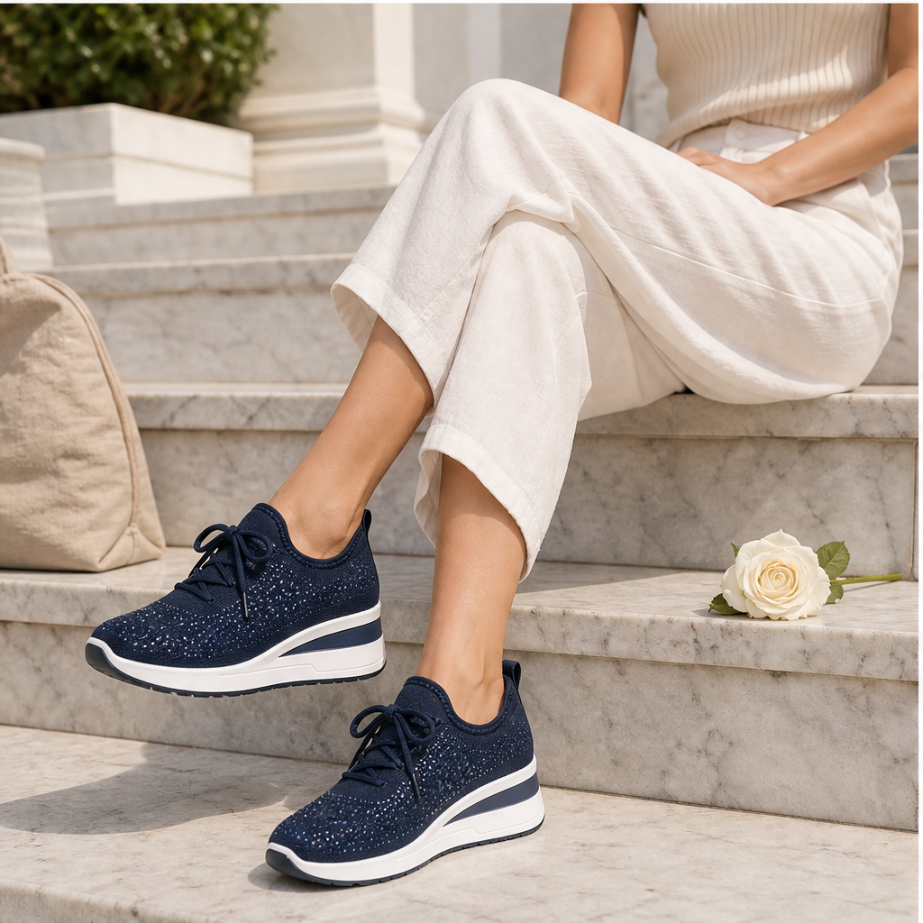 Sneakers Blu Navy in Mesh con Strass | Scarpe con Zeppa e Dettagli Brillanti – Traspiranti con Lacci