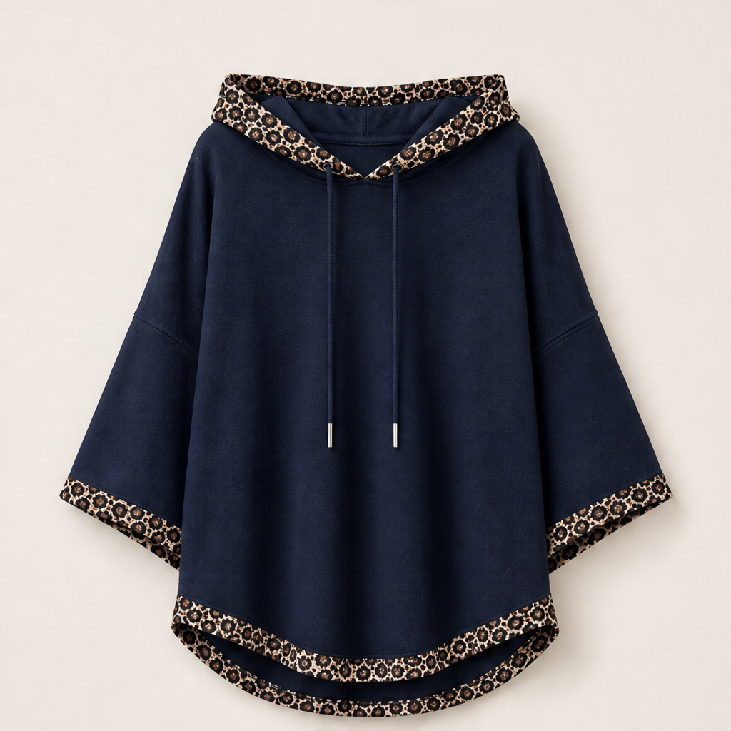 Velmara – Felpa Oversize con Cappuccio e Bordo Leopardato Navy