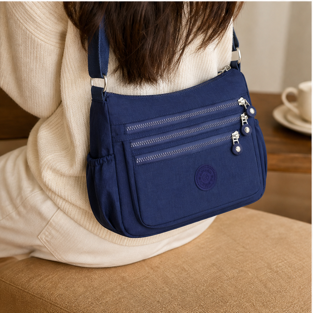 Borsa a Tracolla in Nylon Blu Navy | Borsa da Donna Leggera con Tasche Multiple – Idrorepellente