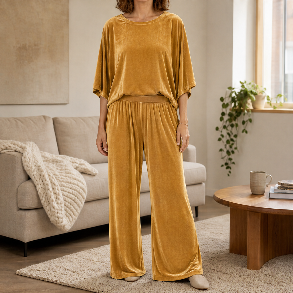 Velmora – Completo in Velluto Top e Pantaloni Palazzo Mustard