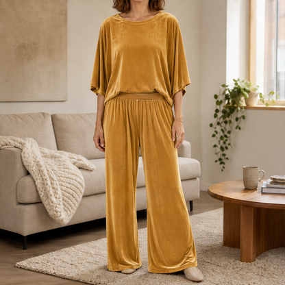 Velmora – Completo in Velluto Top e Pantaloni Palazzo Mustard
