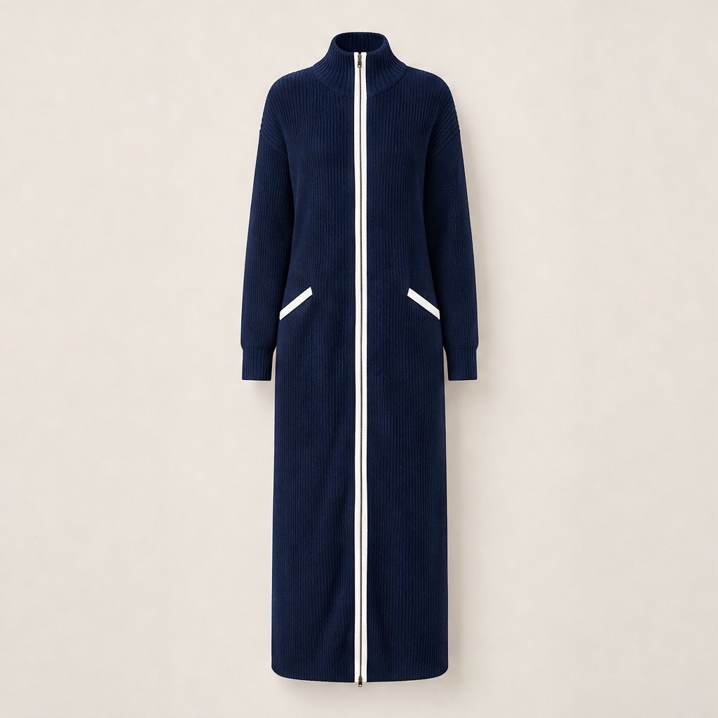 Velmora – Abito Maxi in Maglia con Profili a Contrasto Navy