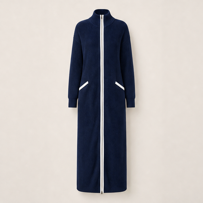 Velmora – Abito Maxi in Maglia con Profili a Contrasto Navy