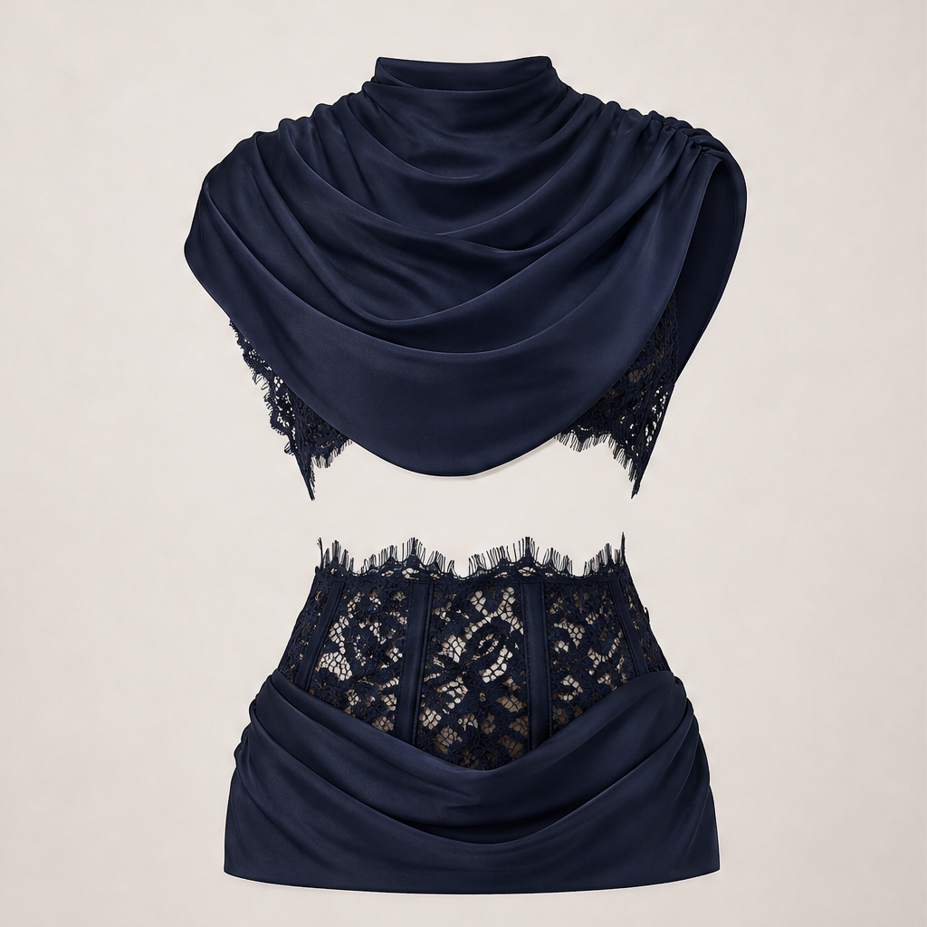 Novarra – Top a Mantella in Raso con Pizzo Navy