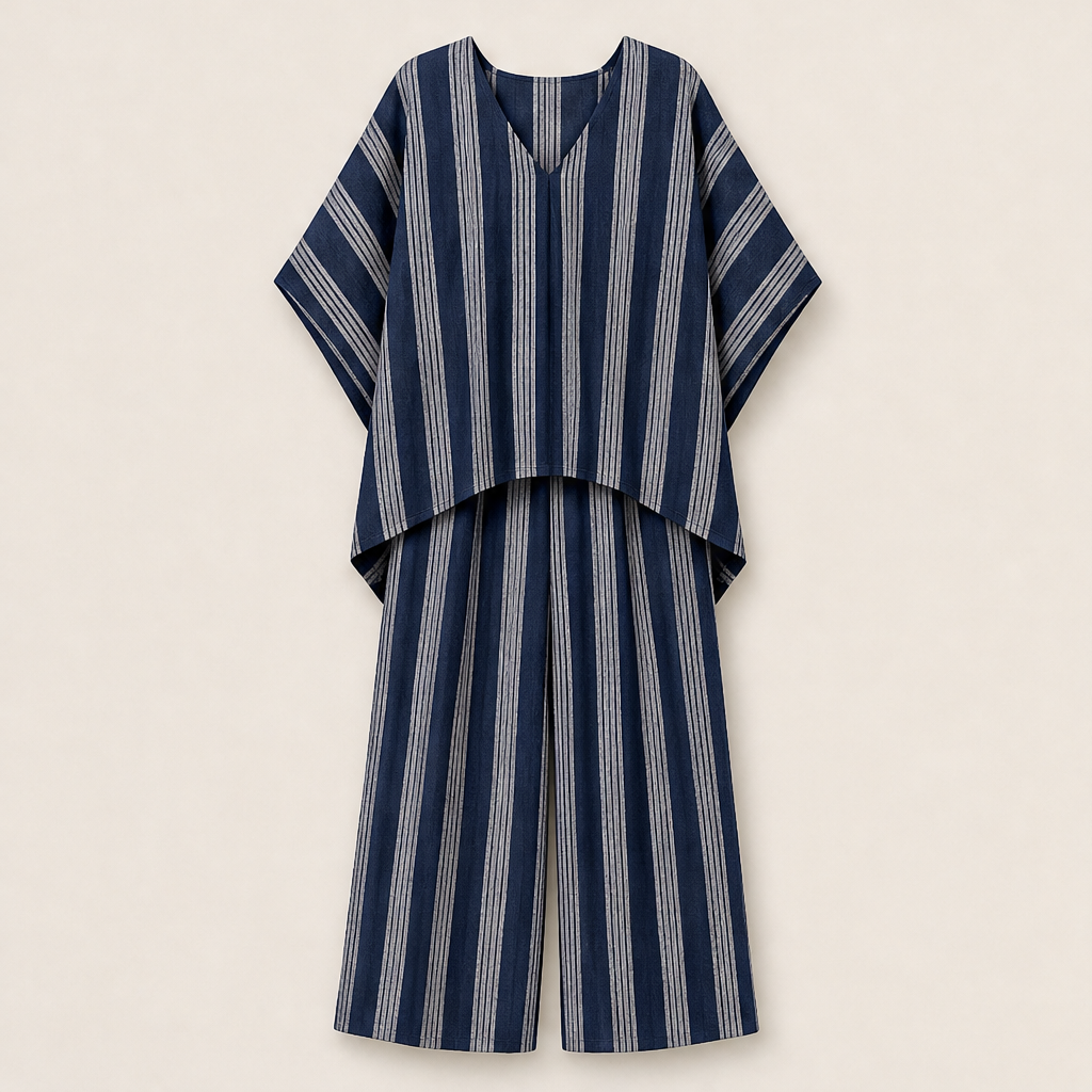 Solvetta – Completo a Righe Scollo a V e Pantaloni Larghi Navy