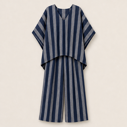 Solvetta – Completo a Righe Scollo a V e Pantaloni Larghi Navy