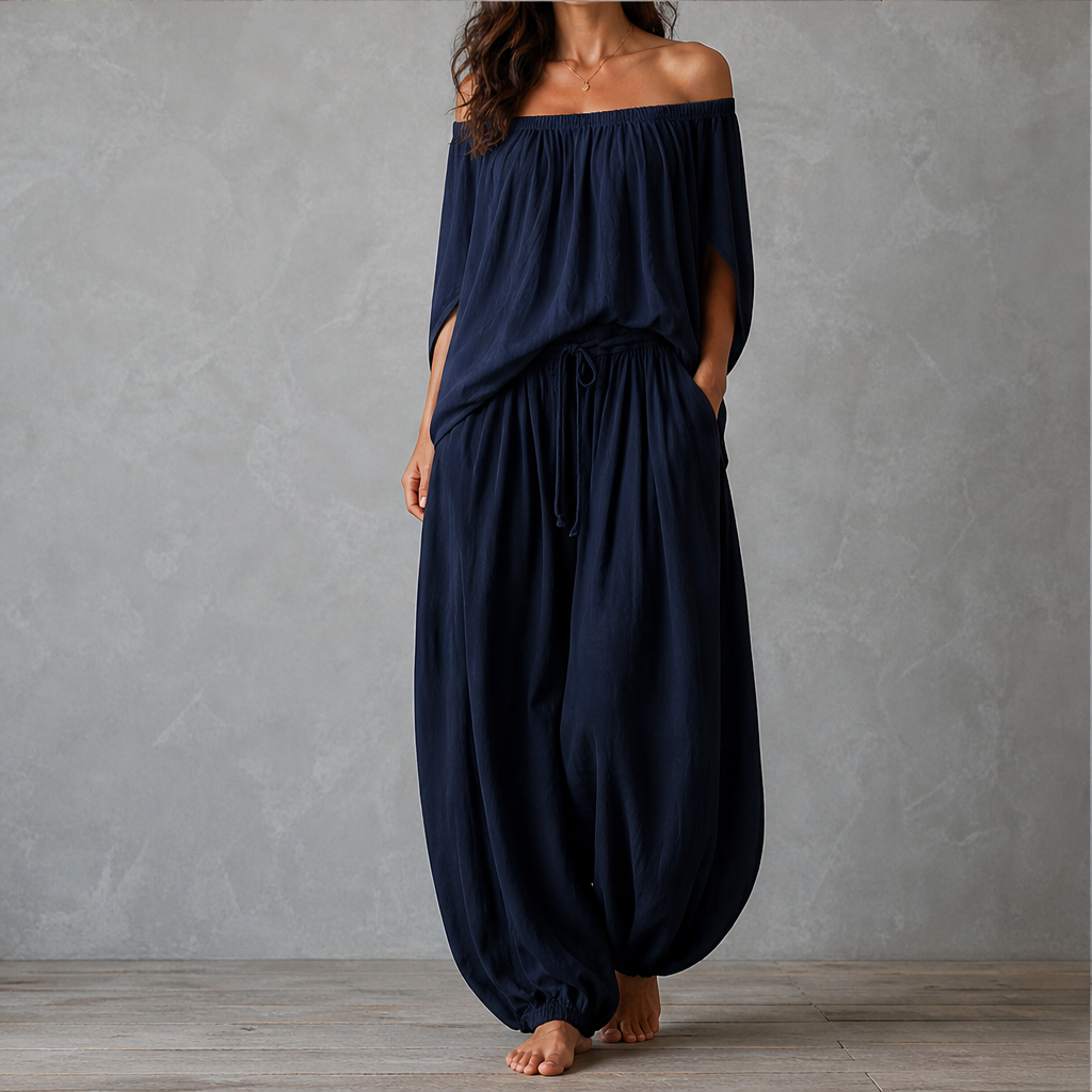 Velmara – Completo Top Spalle Scoperte e Pantaloni Lanterna Navy