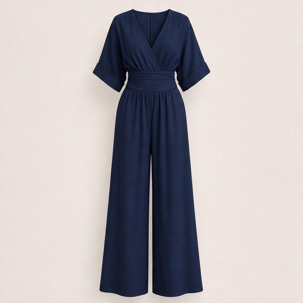 Venalia – Tuta Scollo a V Vita Alta Gamba Larga Navy