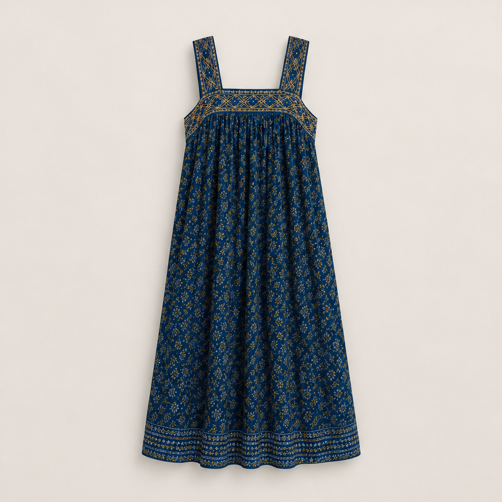 Voralia – Abito Lungo Folk a Fiori in Cotone Navy