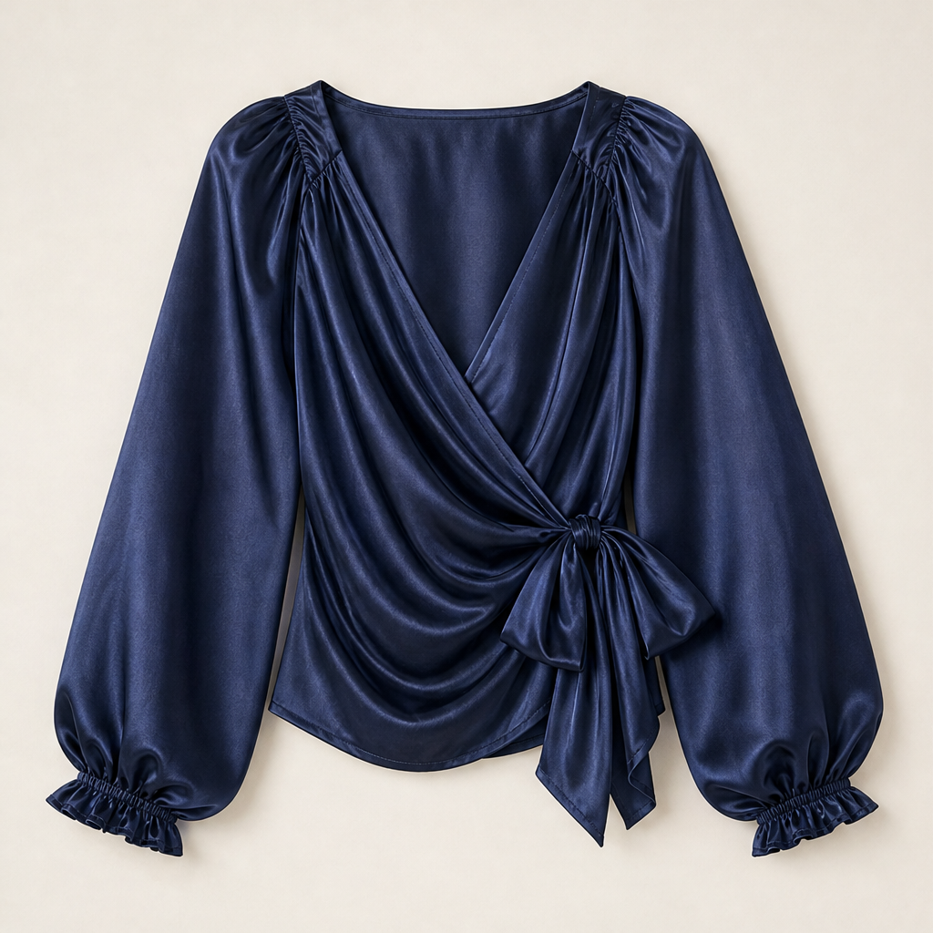 Voluetta – Blusa Incrociata in Raso con Fiocco Navy