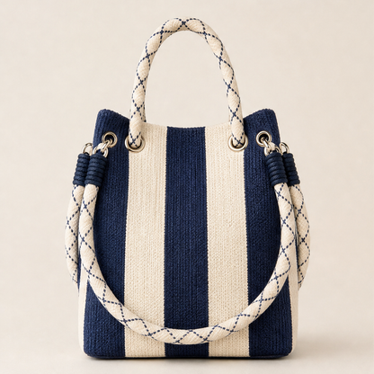 Marisola – Borsa Secchiello a Righe in Maglia Intrecciata Navy