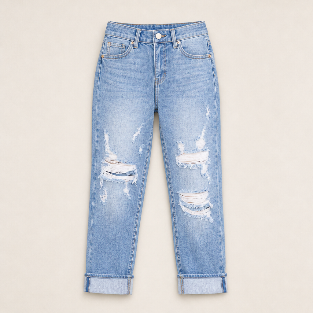 Venalu – Jeans Boyfriend Effetto Strappato con Polsino Light Blue