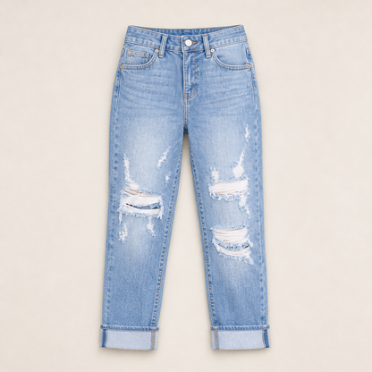 Venalu – Jeans Boyfriend Effetto Strappato con Polsino Light Blue