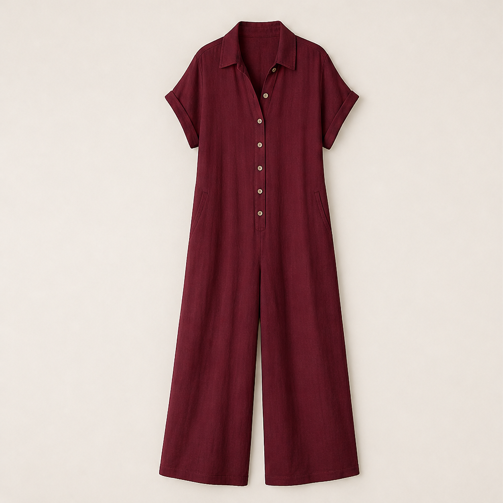 Marielle Tuta Donna Casual a Gamba Larga con Bottoni Effetto Lino - Tuta Ampia con Colletto e Maniche Corte Bordeaux