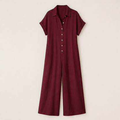 Marielle Tuta Donna Casual a Gamba Larga con Bottoni Effetto Lino - Tuta Ampia con Colletto e Maniche Corte Bordeaux