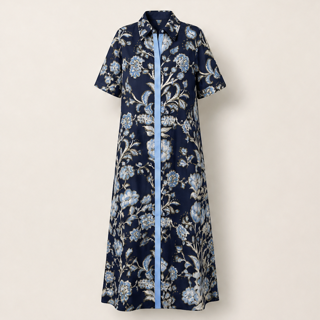 Florentia – Abito Camicia Maxi a Contrasto Floreale Navy