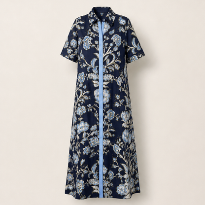 Florentia – Abito Camicia Maxi a Contrasto Floreale Navy