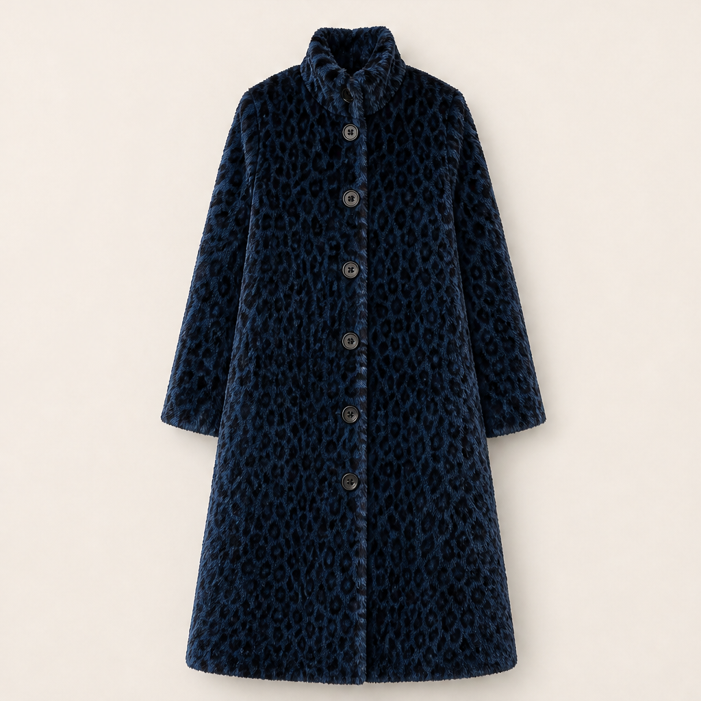 Velmara – Cappotto Leopardato Collo Alto in Eco-Pelliccia Navy