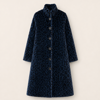 Velmara – Cappotto Leopardato Collo Alto in Eco-Pelliccia Navy