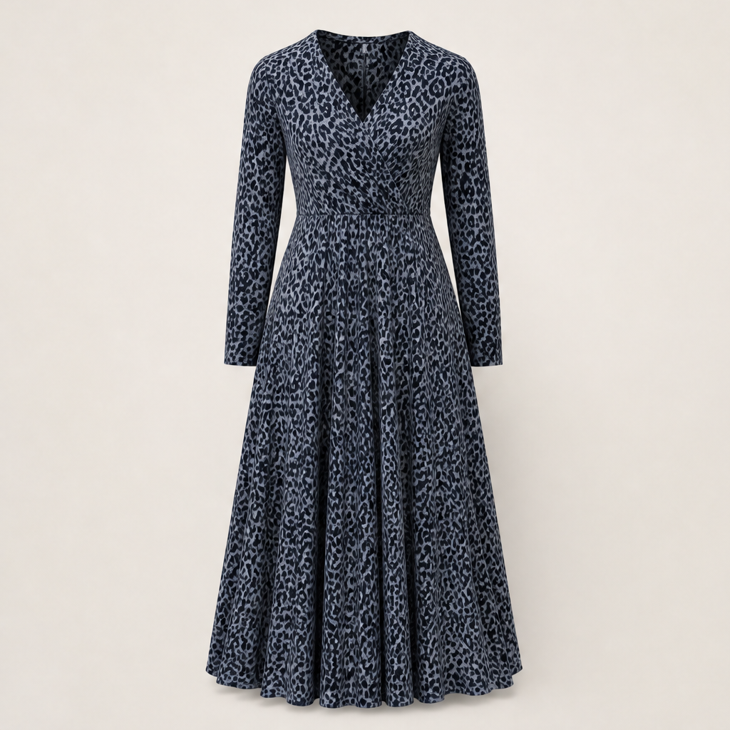 Ventalia – Abito Lungo Maniche Lunghe Leopardato Navy