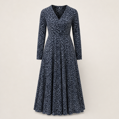 Ventalia – Abito Lungo Maniche Lunghe Leopardato Navy