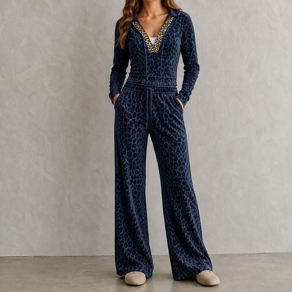 Velmara – Completo Animalier Top Velluto e Pantaloni Flare Navy