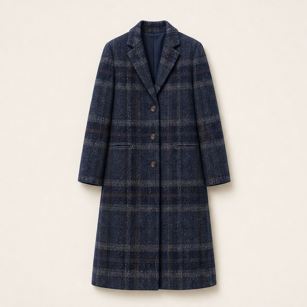 Varonne – Cappotto Lungo in Tweed a Quadri Navy