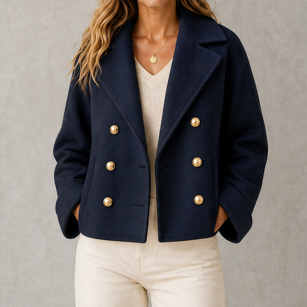 Camelora – Cappotto Corto Doppiopetto in Misto Lana Navy