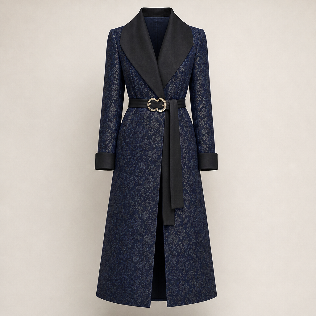Veloria – Cappotto Lungo con Revers Ampio Contrastante Navy