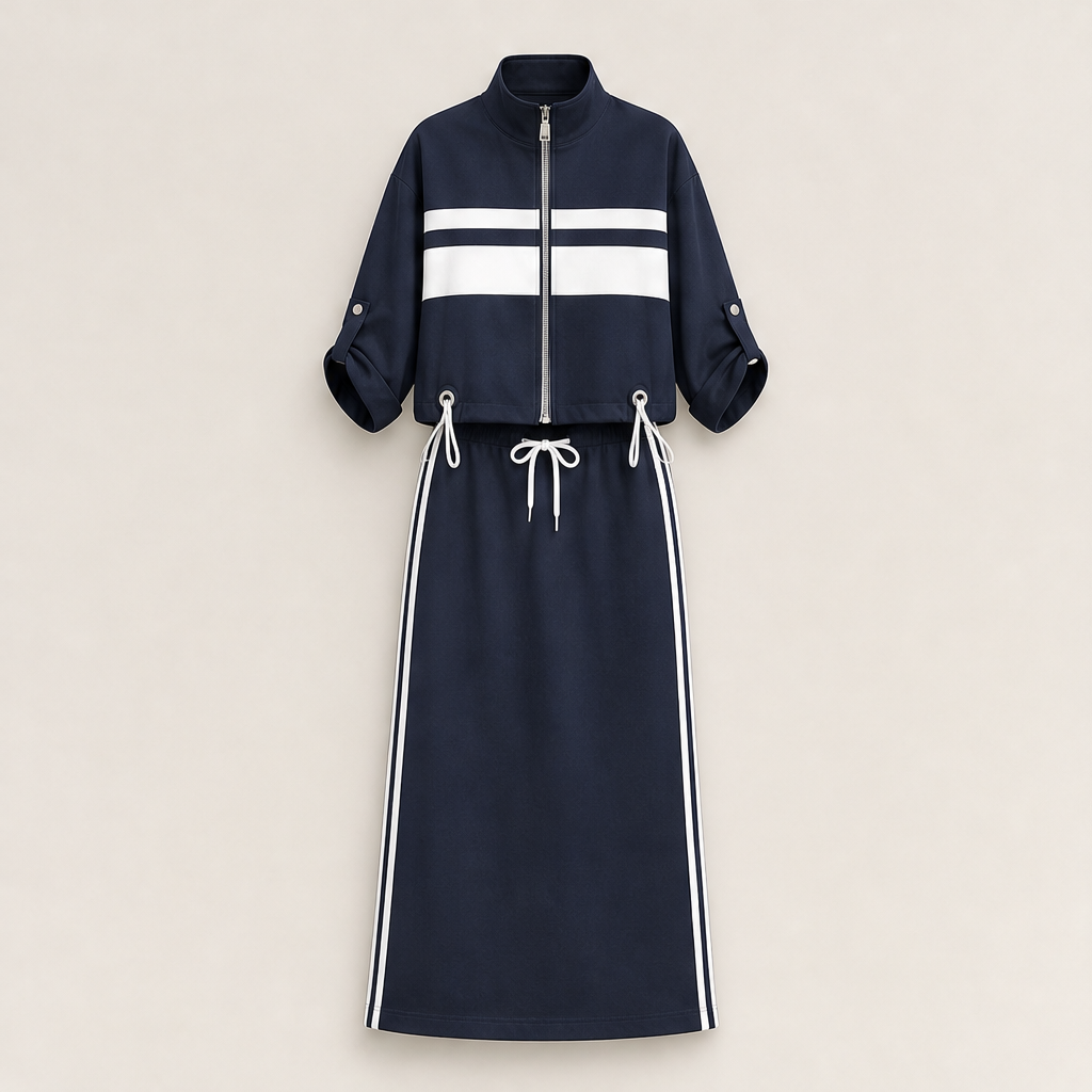 Varenza – Giacca Color-Block e Abito Midi, Set Due Pezzi Navy