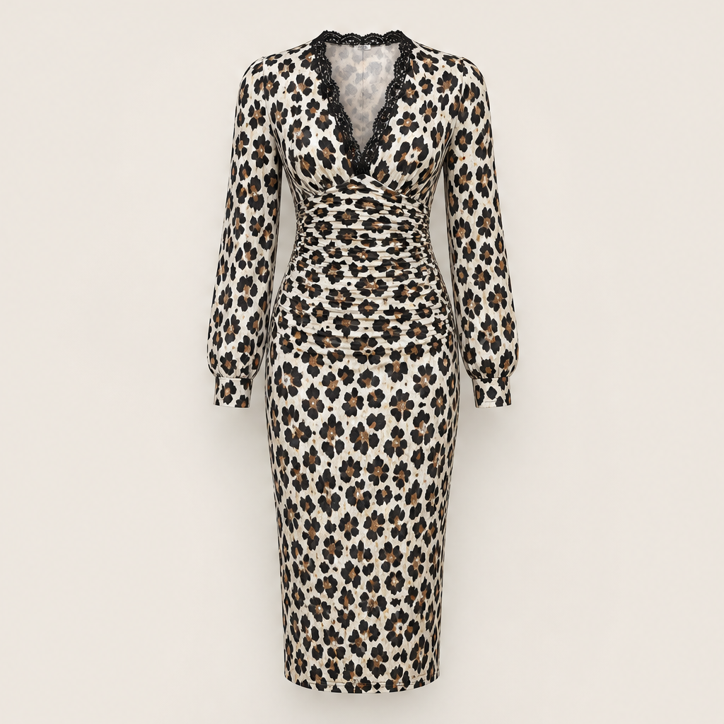 Velmara – Abito Midi Leopardato con Pizzo White Leopard