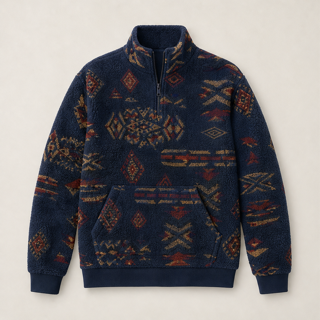 Varnecio – Felpa in Pile con Mezza Zip e Stampa Geometrica Navy