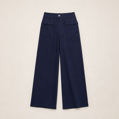 Marlow Pantaloni Donna a Gamba Larga in Cotone e Lino - Pantaloni Casual Fluidi a Vita Alta Blu Navy