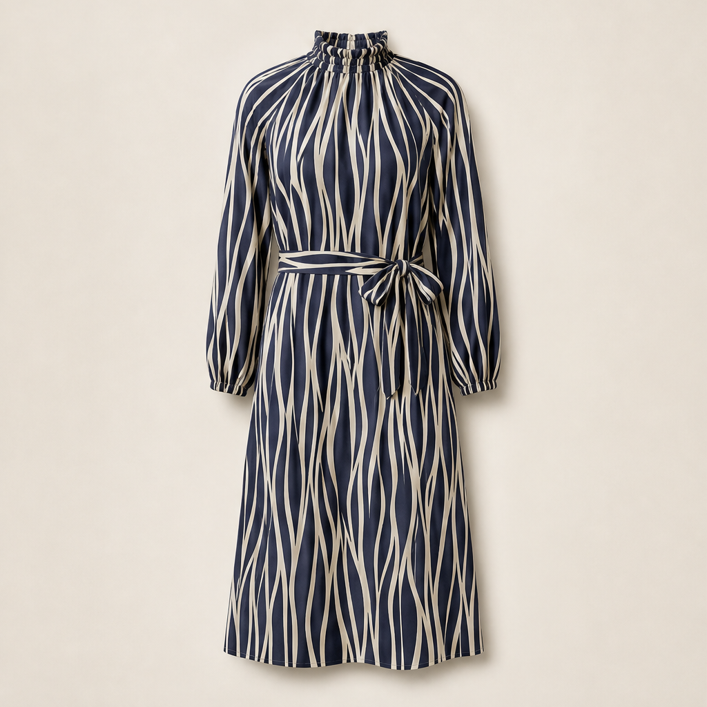 Velrosa – Abito Midi con Stampa Foglie Astratta Navy