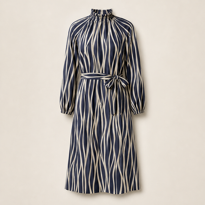 Velrosa – Abito Midi con Stampa Foglie Astratta Navy