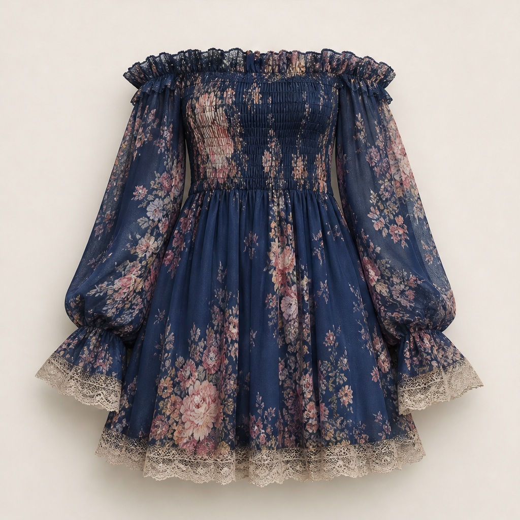 Rosalind Miniabito Donna Floreale in Chiffon con Spalle Scoperte e Corpetto Arricciato - Prendisole Boho con Bordo in Pizzo Floreale Blu Navy