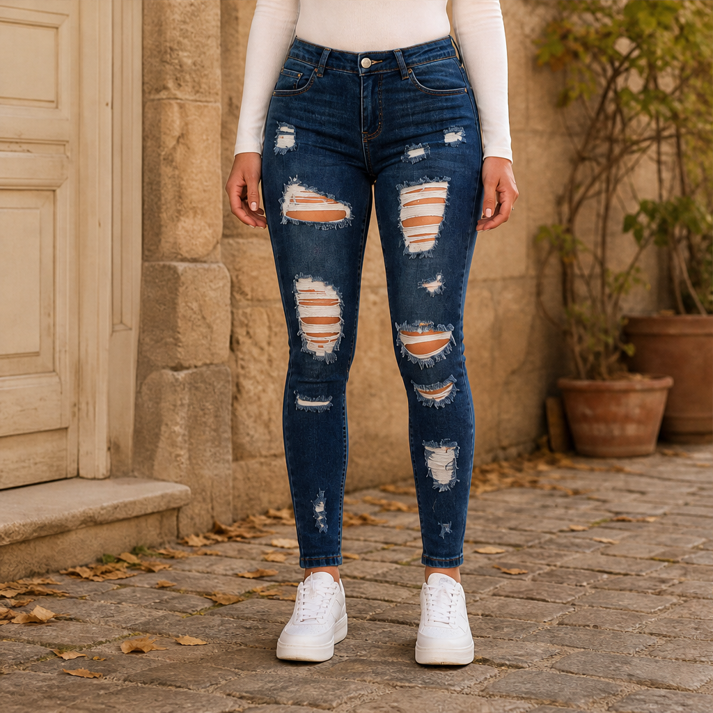 Varonetti – Jeans Skinny Vita Alta Effetto Strappato Navy
