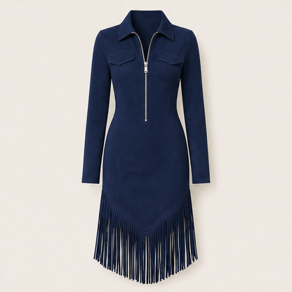 Voranza – Abito Midi Western con Frange e Zip Navy