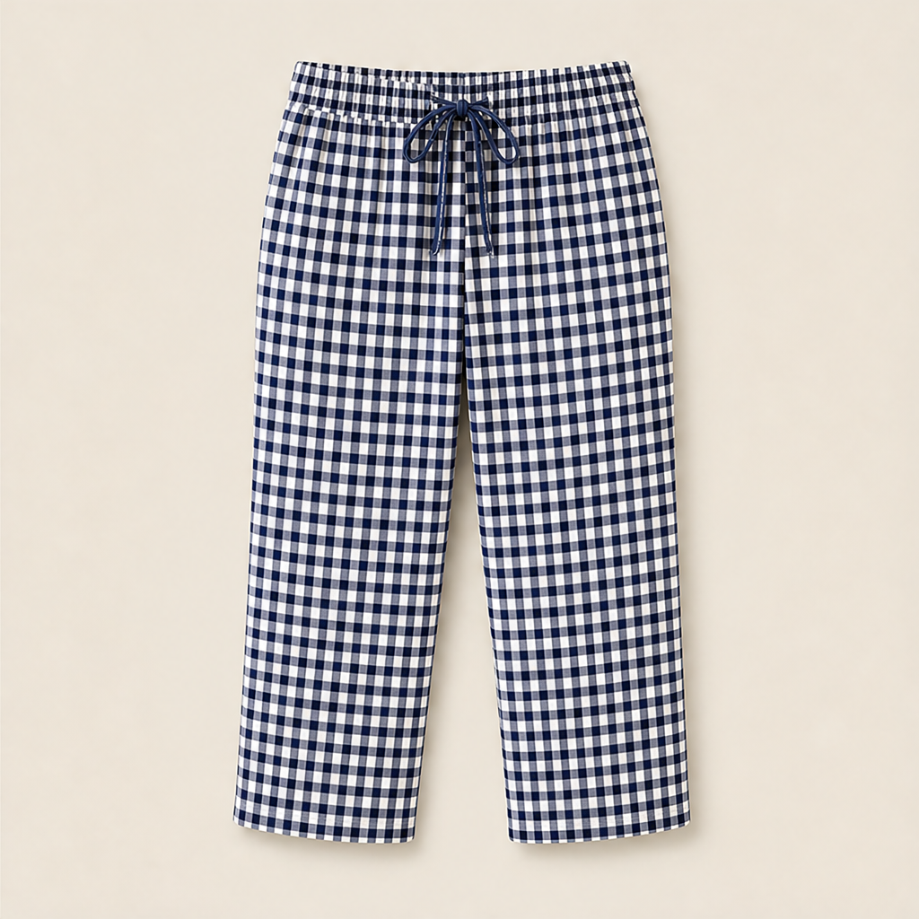 Gingley Pantaloni Capri Donna in Cotone e Lino a Quadretti Vichy con Tasche - Pantaloni Estivi con Vita Elastica e Coulisse Vichy Blu Navy