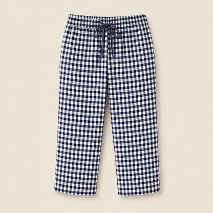 Gingley Pantaloni Capri Donna in Cotone e Lino a Quadretti Vichy con Tasche - Pantaloni Estivi con Vita Elastica e Coulisse Vichy Blu Navy