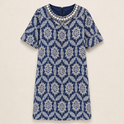 Varelume – Abito Shift Stampa Vintage Perline Navy