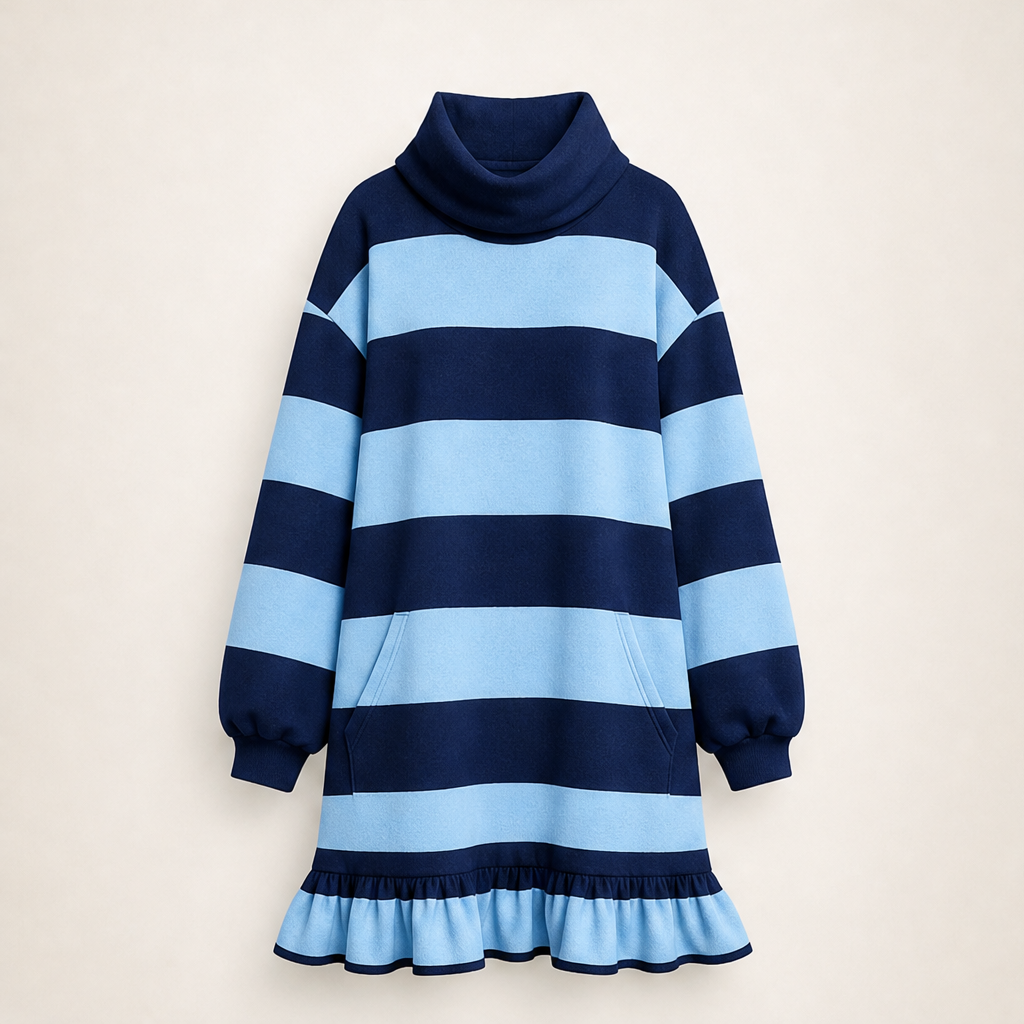 Verluna – Abito Felpa a Righe con Collo Alto e Balze Navy