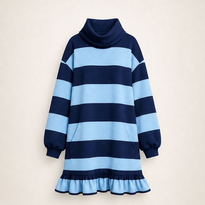 Verluna – Abito Felpa a Righe con Collo Alto e Balze Navy