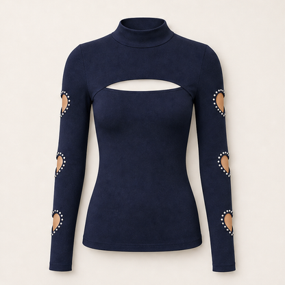 Amorella – Top Collo Alto con Cutout a Cuore Navy